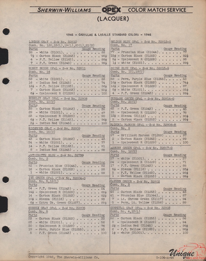 1946 Cadillac Paint Charts Williams 3